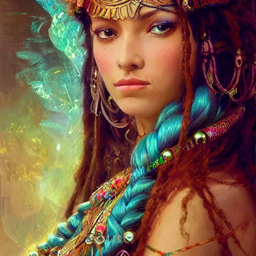 Prompt: artstation, intricate detail, hyper detail, portrait by gaston bussiere, tan skin lady of elche, egyptian sumerian features, techno mystic goddess princess intergalactica inanna with aqua neon rapunzel dreadlocks,