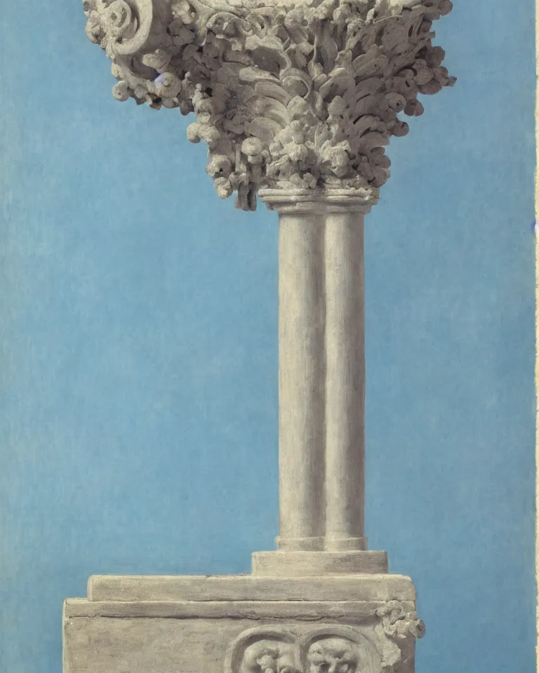 Prompt: achingly beautiful print of intricate ancient roman corinthian capital on a baby blue background by rene magritte, monet, and turner.