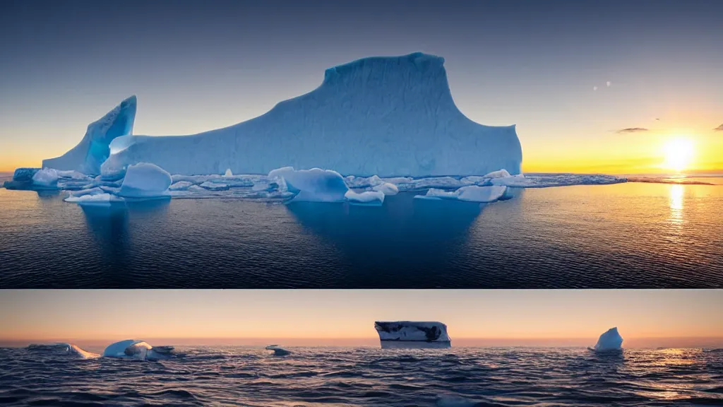 Image similar to photo of the most beautiful panoramic landscape, where a giant iceberg is lost in middle of the artic ocean, a giant penguin is exhaling steam while walking over the iceberg, there is nothing else, the artic ocean is reflecting the giant penguin over the iceberg and the ray lights of the sunset are brightening him, award winning photo, minimal style, by frans lanting