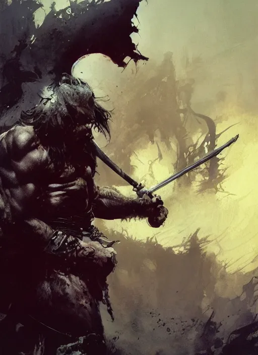 Image similar to conan the barbarian, intricate, elegant, highly detailed, vivid colors, john park, frazetta, sparth, ruan jia, jeffrey catherine jones