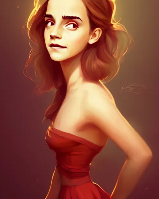 Image similar to a portrait of a beautiful full body Emma Watson smiling, pretty gold and red dress, art by lois van baarle and loish and ross tran and rossdraws and sam yang and samdoesarts and artgerm, digital art, highly detailed, intricate, sharp focus, Trending on Artstation HQ, deviantart, unreal engine 5, 4K UHD image