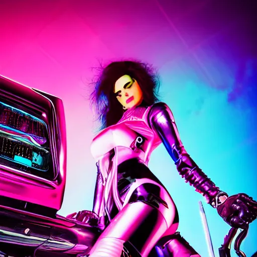 Image similar to synthwave cyberpunk girl detailed cybernetic face teardrops wearing latex biker catsuit holding a sitting on a stack of speakers in the back of a blue 1967 chevy camero, pink blue and red in a neon city in the style of a comic book sunset city