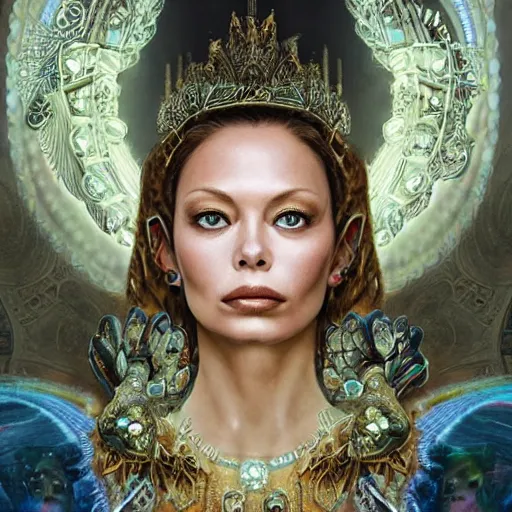 Image similar to a portrait of ornella muti as the goddess minerva surrounded by stacks of books, bioluminescent gown with deep level of detail of esoteric symbols, urban motifs, intricate, elegant, highly detailed, digital painting, trending on artstation, concept art, smooth sharp focus, illustration, art by artgerm and greg rutkowski