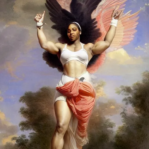 Image similar to Full body Portrait of Serena Williams as Nike Goddess, large wings, luxuriant, dreamy, eternity, romantic, strong pose, highly detailed, in the style of Franz Xaver Winterhalter, highly detailed, in the style of Aetherpunk