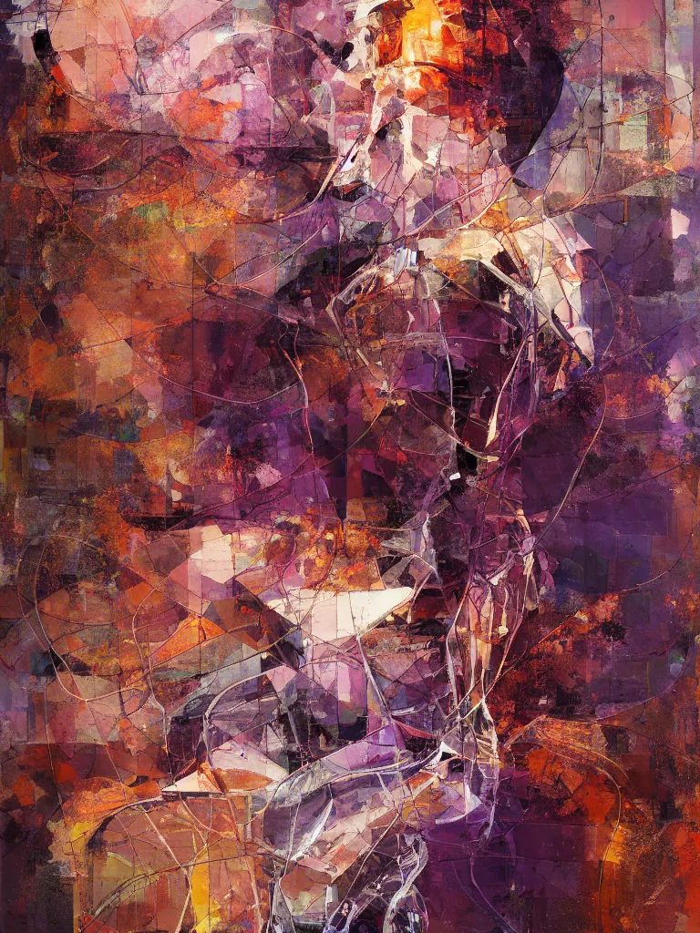 Image similar to a beautiful glitched abstract geometric painting by robert proch and robert heindel of an anatomy study of the human nervous system, color bleeding, pixel sorting, copper oxide and rust materials, brushstrokes by jeremy mann, cold top lighting, pastel purple background