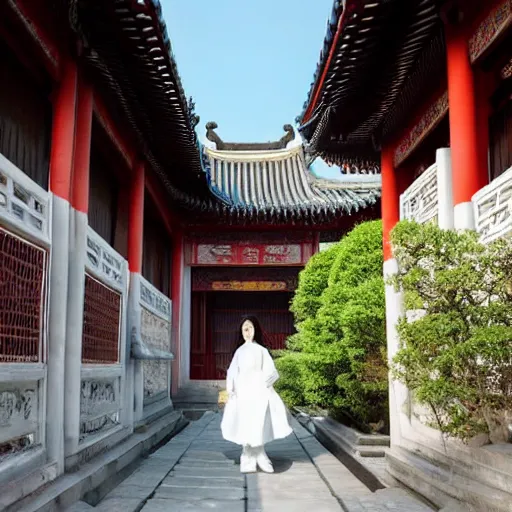 Prompt: A wide angle shot from below of liu yifei dress hanfu with an athletic femining body walking with graceful towards camera on classical chinese garden in an courtyard,Tsuyoshi Nagano art