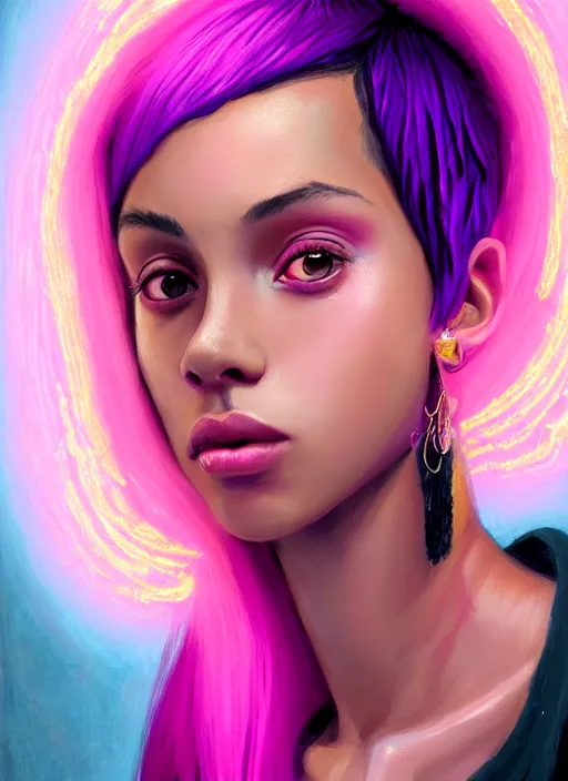 Image similar to portrait of teenage vanessa morgan with bright pink hair, black girl, curly pixie cut hair, wearing a purple breton cap, breton cap, hoop earrings, intricate, elegant, glowing lights, highly detailed, digital painting, artstation, concept art, smooth, sharp focus, illustration, art by wlop, mars ravelo and greg rutkowski