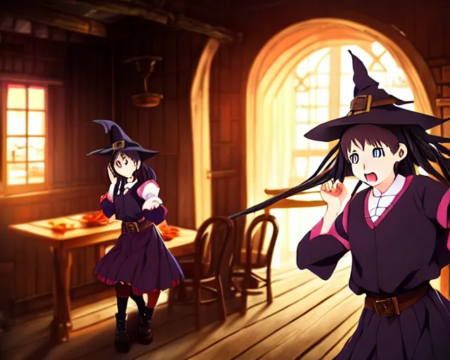 Image similar to key anime visual portrait of a young female witch in a tavern interior defending a companion, dynamic pose, dynamic perspective, cinematic, dramatic lighting.