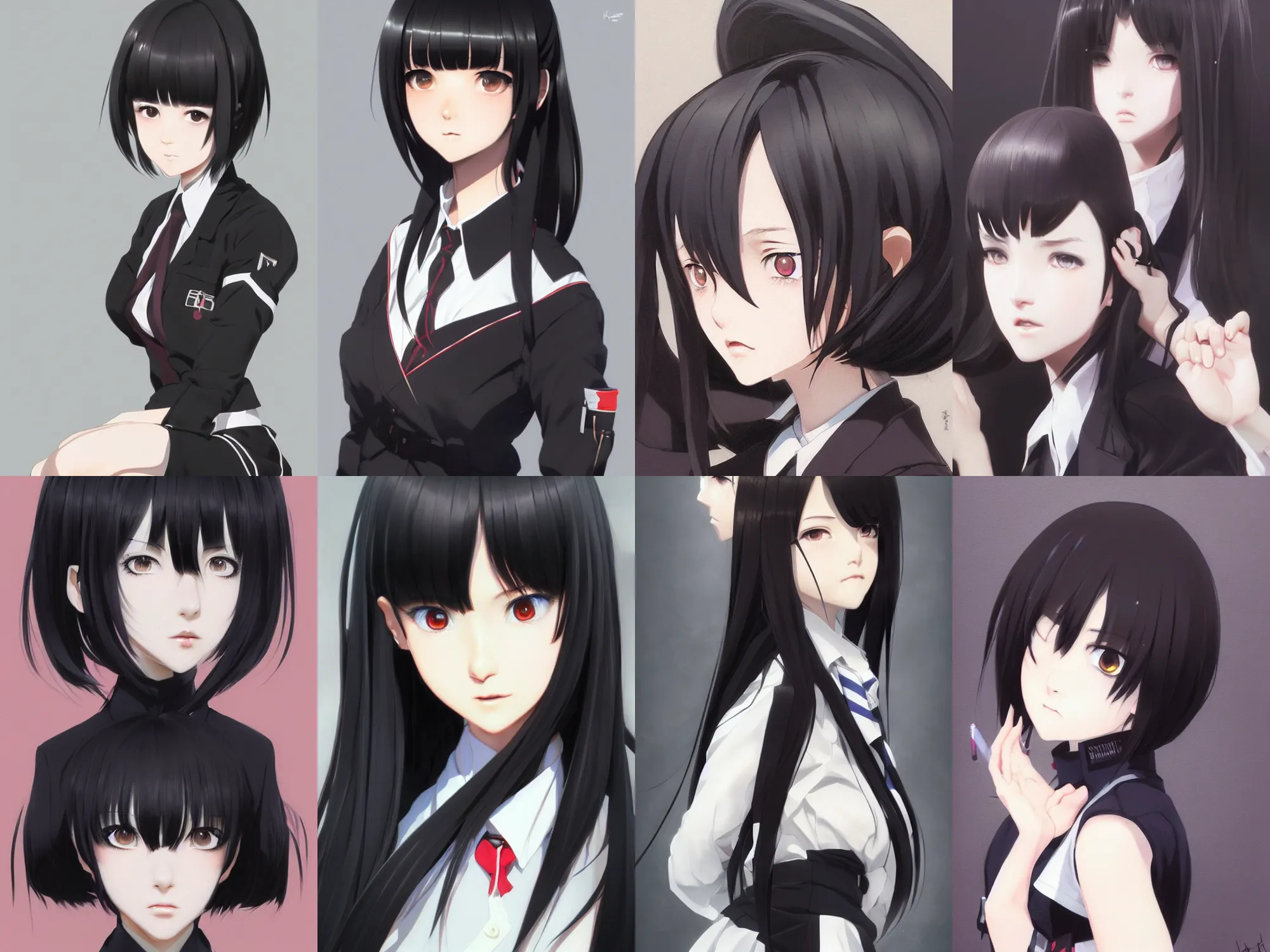 Prompt: Gorgeous japanese schoolgirl with black hair, in black uniform, very detailed eyes. By (ilya kuvshinov), krenz cushart, Greg Rutkowski, trending on artstation