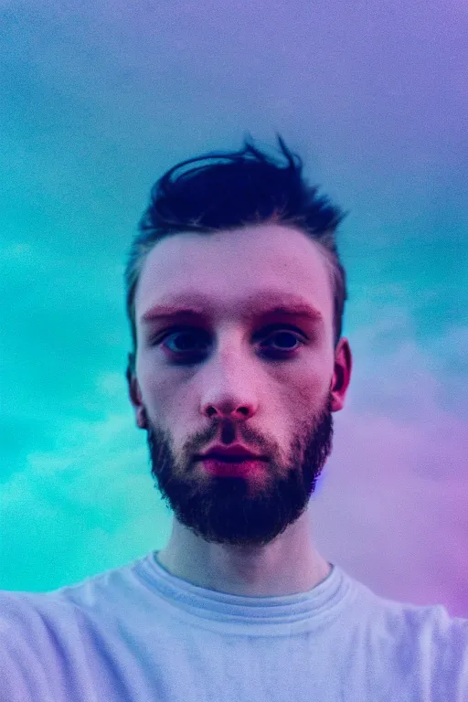 Prompt: high quality pastel coloured film mid angle selfie photograph of a young beautiful man standing in an icelandic black rock environment. atmospheric. three point light. photographic. art directed. pastel colours. volumetric light. stark. waves glitch. 8 k. filmic.