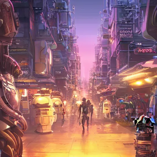 Prompt: an illustration of a futuristic, dystopian street with droids and robots at sunset. lot of neons. trending on artstation. photorealistic chilled forest sauvignon vinegar, by rococo beaker and