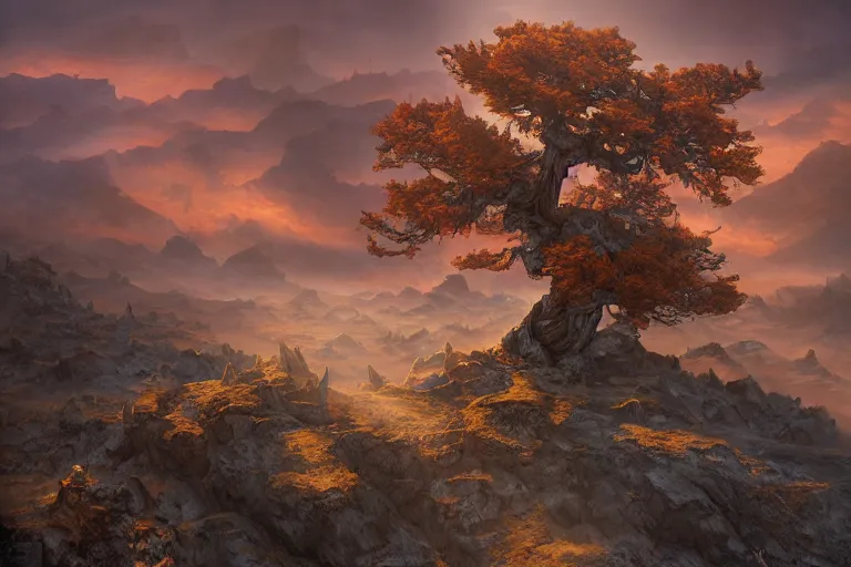 Image similar to high aerial shot, cinematic fantasy painting, dungeons and dragons, barren dry land, desert valley of bones, a single autumn maple bonsai, with sunset lighting ominous shadows by jessica rossier and brian froud