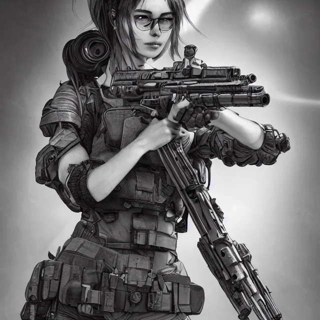 Image similar to the photorealistic portrait of lawful neutral female futuristic marine sniper as absurdly beautiful, gorgeous, elegant, young gravure idol, an ultrafine hyperdetailed illustration by kim jung gi, irakli nadar, intricate linework, bright colors, octopath traveler, final fantasy, unreal engine 5 highly rendered, global illumination, radiant light, detailed and intricate environment