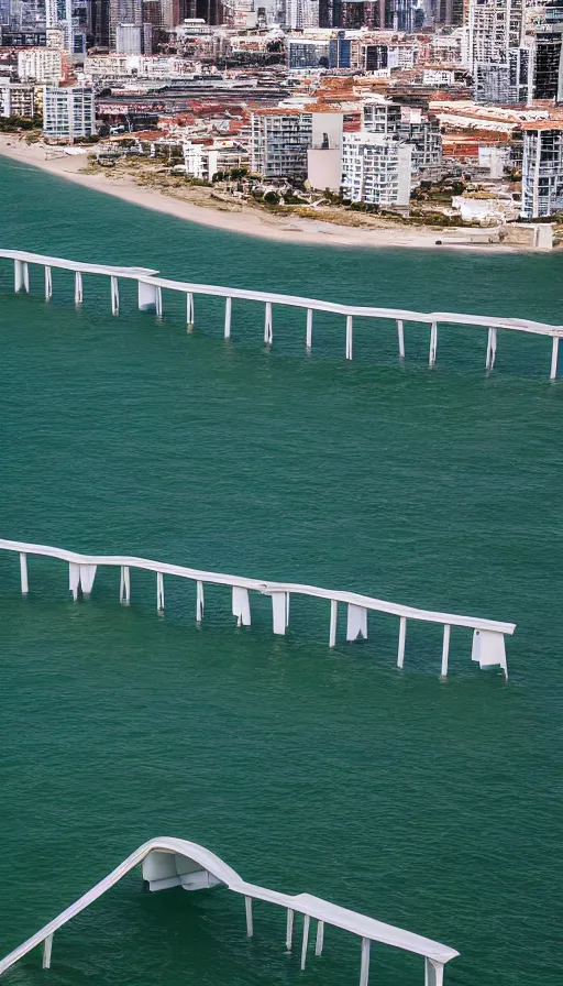 Prompt: beautiful color pentax photograph of massive, pristine santiago calatrava storm surge barriers. aerial shot, wide angle. very beautiful!