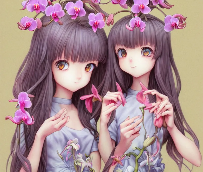 Image similar to a very cute richly detailed colored pencil 3D illustration of a mentally happy christian girl who resigned to her fate of being turned crazy by a psychic orchid flower demon. alluringly romanticistic art by Range Murata and Artgerm.