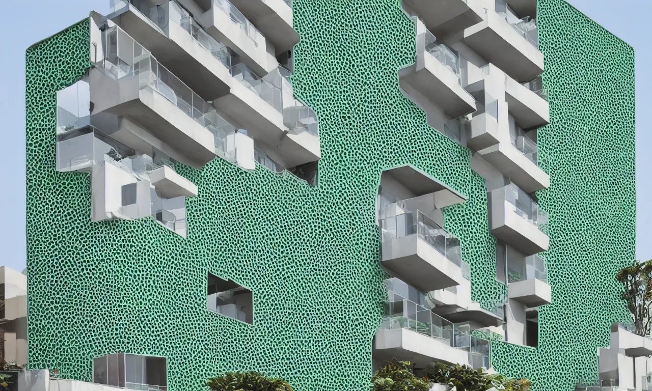 Prompt: african algae concrete additive printed multifamily modern architecture, colorful geometric exterior rain - screen cladding, architectural sculptural interior, visually satisfying architecture render in vray