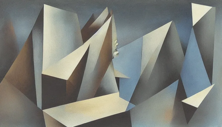 Prompt: Surrealist painting by Kay Sage depicting a landscape of flat, abstract geometric structures, overcast lighting