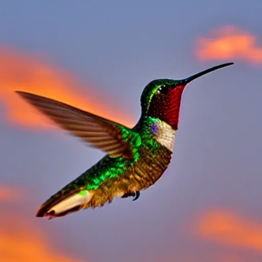 Prompt: hummingbird against smokey sunset modern bright primary colors