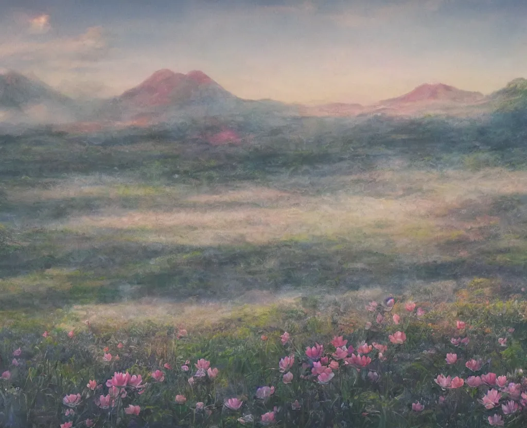 Image similar to a landscape pastel in the style of noriyoshi ohrai of a field of lotus flowers, glowing with iridescent mana. some misty mountains in the background. key art. 4 k retrofuturistic fantasy