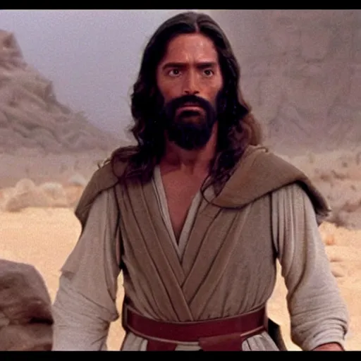 Prompt: a film still of jesus ( from the bible ) in star wars 1 9 7 7, realistic, photorealistic