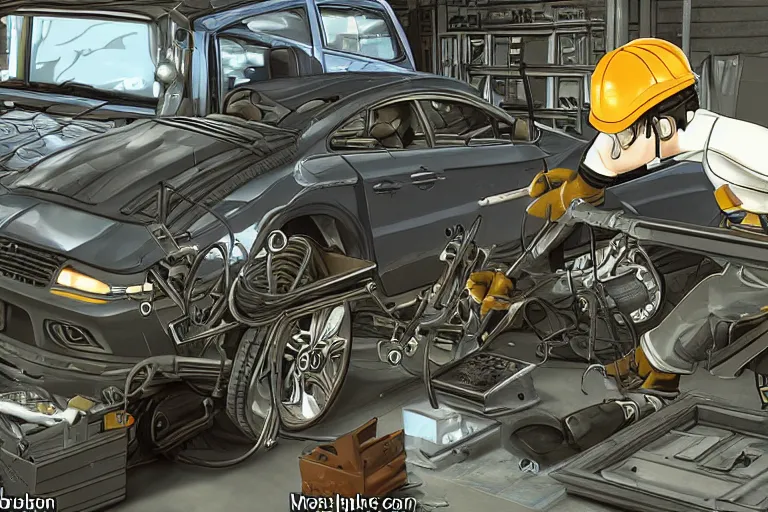 Prompt: repairing a vehicle on a machine world, year 2 0 0 3, photorealistic