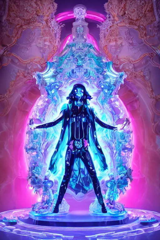Image similar to photo of full-body rococo and cyberpunk delicate neon crystalline sculpture of ((handsome muscular onyx albino prince Joe Jonas)) as an blue iridescent humanoid deity wearing ((peach plastic hooded cloak)) (holding an onyx skull) in a onyx castle dungeon, reclining, glowing pink face, crown of (pink lasers), large blue diamonds, swirling black silk fabric. futuristic elements. oozing glowing liquid, full-length view. space robots. intricate artwork by caravaggio. Trending on artstation, octane render, cinematic lighting from the right, hyper realism, photorealistic, octane render, 8k, depth of field, 3D