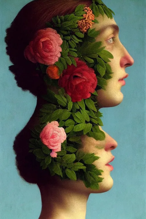 Image similar to a womans face in profile, made of flowers and leaves, in the style of the dutch masters and gregory crewdson, impressive, dark, ethereal, dramatic, epic, a masterpiece, fine art with subtle redshift rendering, by rene magritte, surrealism, inside a tesseract