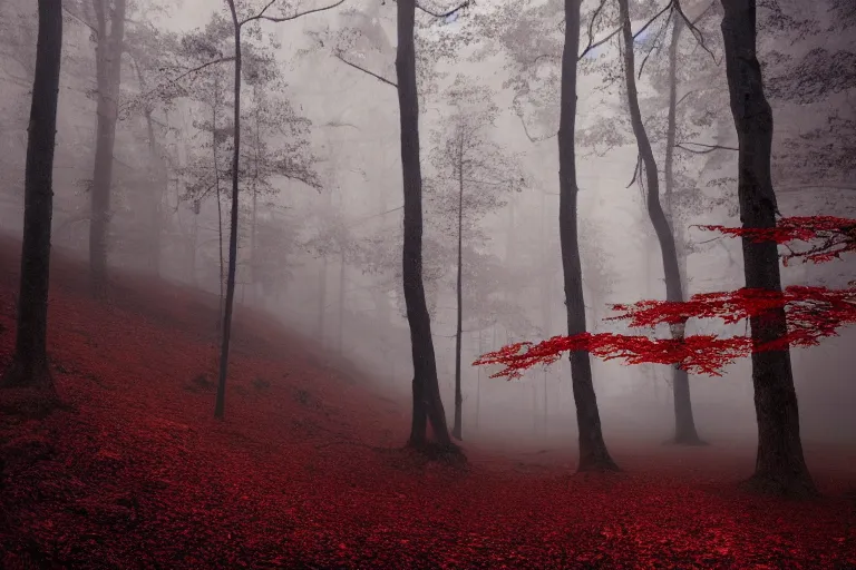 Prompt: deep dark moody forest, red fog on the ground, bleak. big stones, dark mood. mysterious. doom. realistic painting. photobashing, matte painting, highly detailed, autumn, cinematic, hyperralistic, artstation