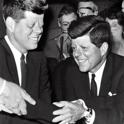 Prompt: a black and white photo of john f kennedy shaking hands with the alien from et