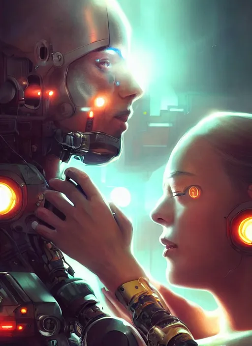 Prompt: ultra realistic close - up of a couple of cyborgs kissing, lovers, cyberpunk, sci - fi, fantasy, kodak, led color, flare, soft light, night, highly detailed, digital painting, concept art, sharp focus, illustration, art by artgerm and greg rutkowski