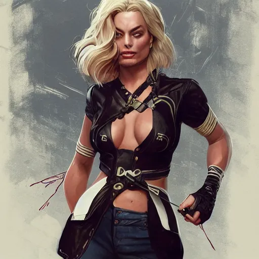 Image similar to a portrait of margot robbie as a dead or alive fighting game character, urban motifs, intricate, elegant, highly detailed, digital painting, trending on artstation, concept art, smooth sharp focus, illustration, art by artgerm and greg rutkowski