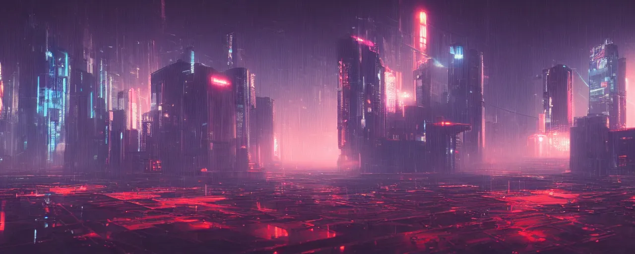 Image similar to Cyberpunk landscape, synth style, realistic, volumetric