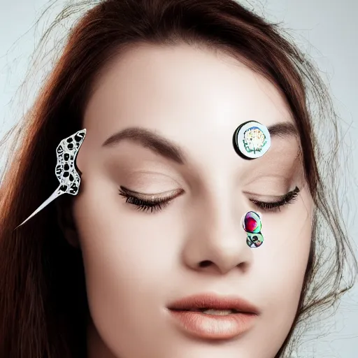 Prompt: portrait of a beautiful woman wearing high-tech jewelry around her face