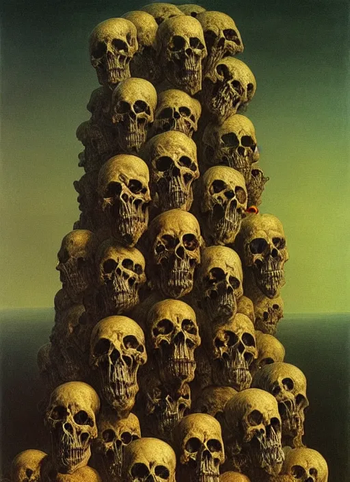 Prompt: a tower of skulls. highly detailed painting by zdzisław beksinski and henry fuseli. 8 k