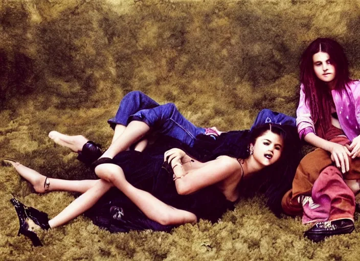 Image similar to Selena Gomez and Young Johnny Depp on a mushroom trip on shag carpet , photograph by Annie Leibovitz and Mark Seliger; oil on canvas; Dalle