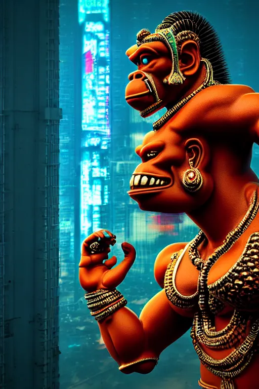 Image similar to high quality 3 d render post - rococo cyberpunk hanuman! head building, neon madhubani, open mouth, highly detailed, in sci - fi mumbai, cinematic smooth unreal engine, lee madgwick & liam wong, dramatic light, low angle, uhd 8 k, sharp focus