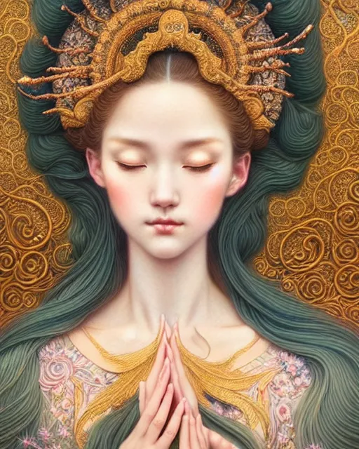 Prompt: portrait of a beautiful celestial goddess, sweet, graceful, esoteric, muted colors, head in focus, fantasy art, intricate, elegant, highly detailed, hyperrealistic painting, artstation, concept art, painterly, sharp focus, hasselbrad photography, illustration, art by chie yoshii
