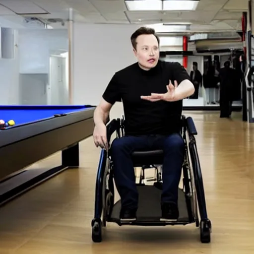 Image similar to elon musk in a wheelchair playing billiard