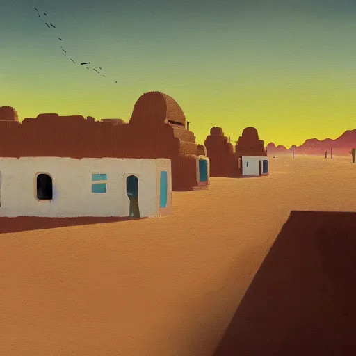 Prompt: a beautiful painting of a village in the desert, white houses, two suns, by simon stalenhag