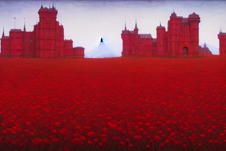 Image similar to only with red, red flowers of different types, red castle in background, red medieval big goblins, in the style of beksinski, parts by edward hopper, parts by rodcenko, parts by yue minjun, intricate and epic composition, red by caravaggio, insanely quality, highly detailed, masterpiece, red light, artstation, 4 k