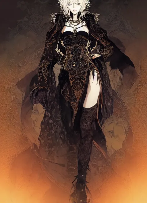 Image similar to beautiful human witch with blonde short curtly hair in intricate ornate witch robe, haughty evil look, witch hat. in style of yoji shinkawa and hyung - tae kim, trending on artstation, dark fantasy, great composition, concept art, highly detailed, dynamic pose.