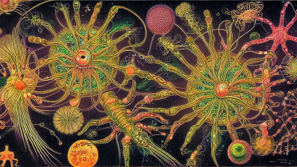 Image similar to quantum connections represented as symbiotic organisms like cells playing around with colorful lights by ernst haeckel, hostile environment, greedy