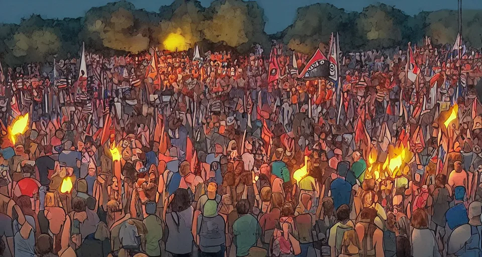 Prompt: creative illustration of 2 0 1 7's unite the right tiki torch rally in charlottesville, night time, tiki torches, confederate flags