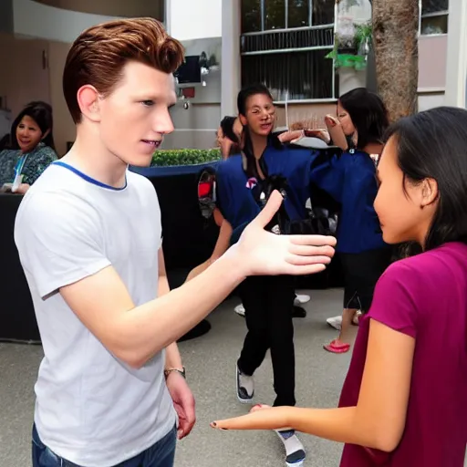 Prompt: Tom Holland talking with a Filipina college girl