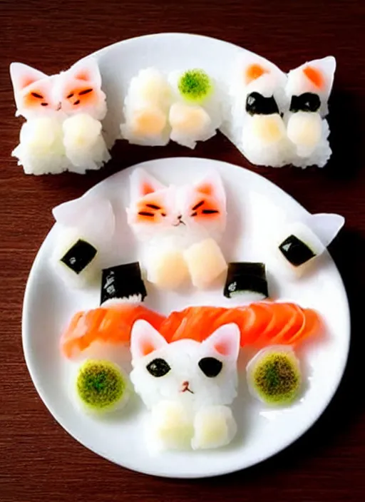 Image similar to clear photorealistic picture of simple cute cats made from sushi rice, arranged on sushi plates with garnish