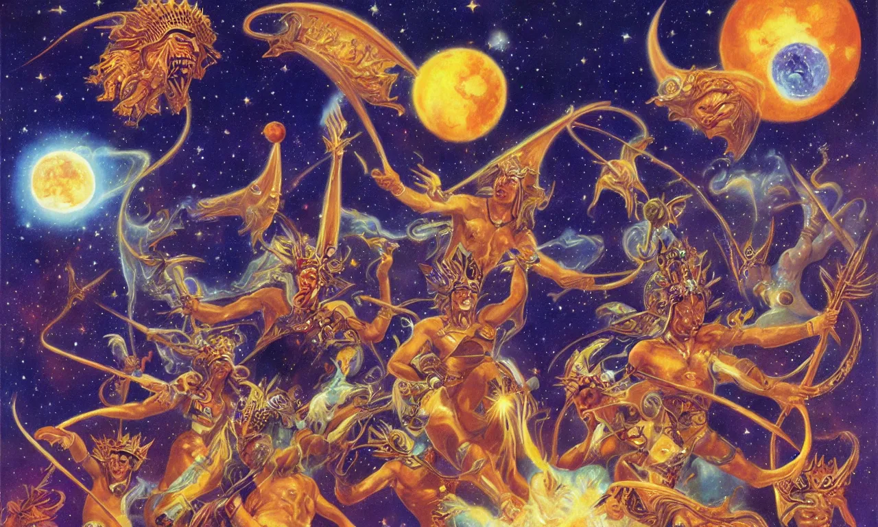 Image similar to sun king and moon boys in the cosmic court of mystical astronomy, art by boris vallejo and manuel sanjulian