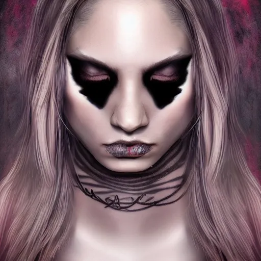 Prompt: Hot young woman, grey skin, void eyeballs, tattoos, wearing leather, digital art, concept art, 4k, 8k