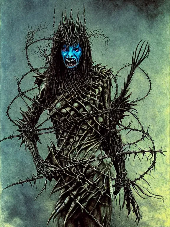 Image similar to A creepy armored horned fanged demon woman with blue scarred skin wrapped in barbed wire. Extremely high detail, realistic, fantasy art, solo, bones, masterpiece, saturated colors, art by Zdzisław Beksiński, Arthur Rackham, Dariusz Zawadzki