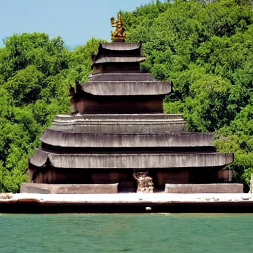 Image similar to floating temple in the middle of a large lake dedicated to the worship of sphinx cats