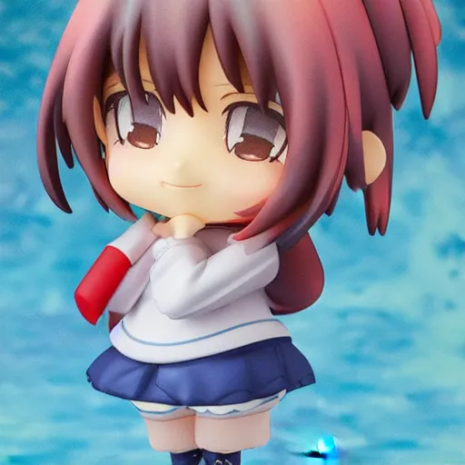 Image similar to water color toon rendering character face portrait of a singular kawaii chibi in the sytle of kyoto animation, in simple background, nendoroid eyes, anime waifu, ukiyoe